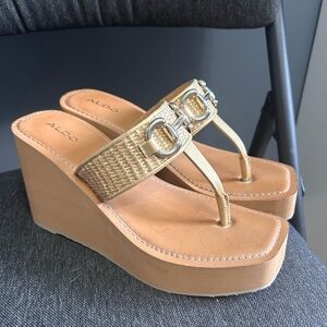 Aldo Gold and Tan Wedge Sandals